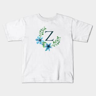 Floral Monogram Z Pretty Blue Flowers Kids T-Shirt